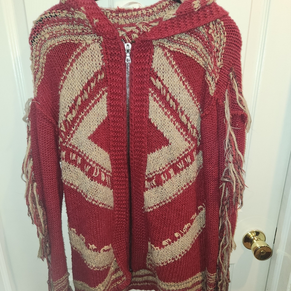 Free people boho fringe hooded sweater
